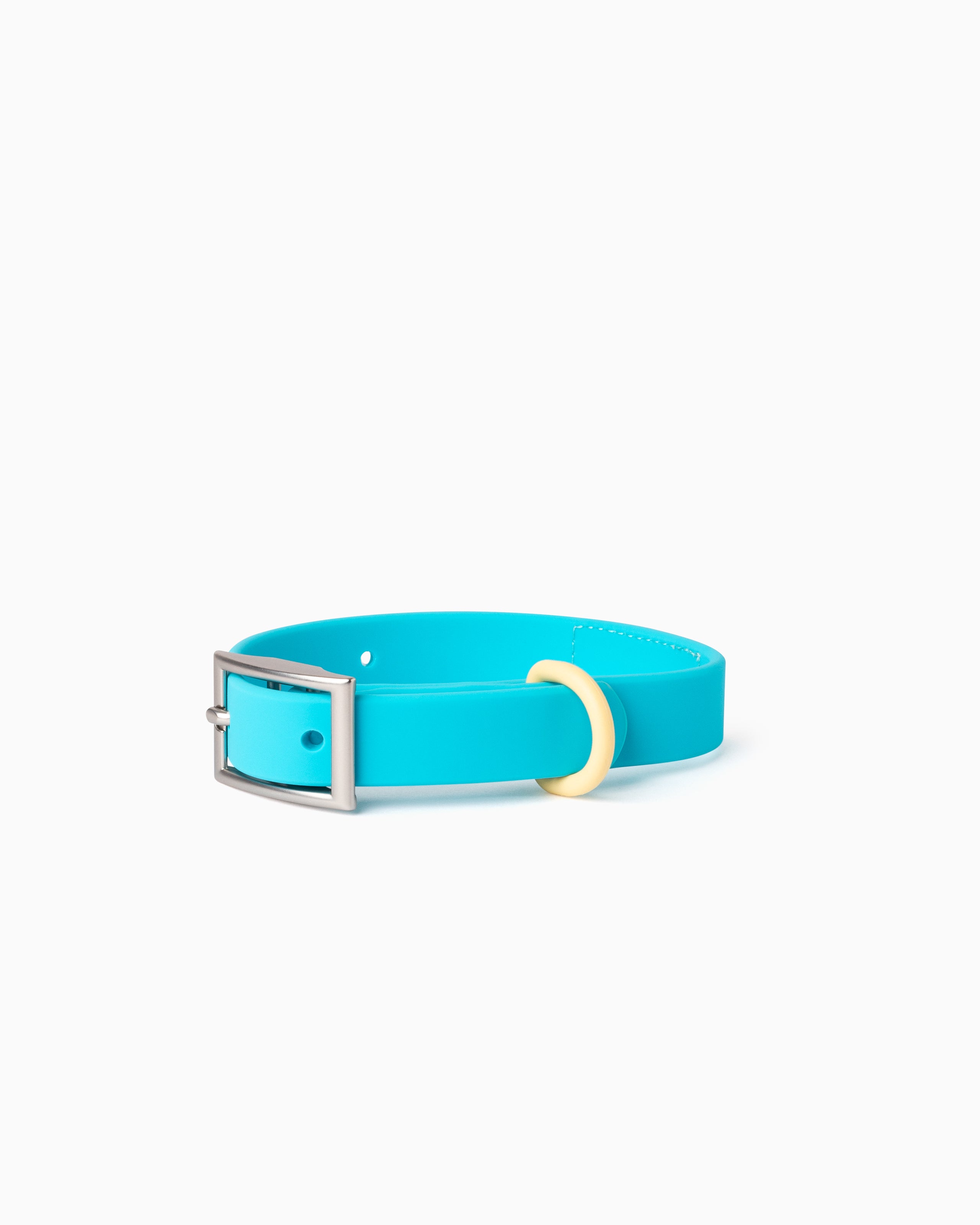 Cyan blue waterproof and odor resistant dog collar with a two tone color block design & zinc alloy buckle fastening.