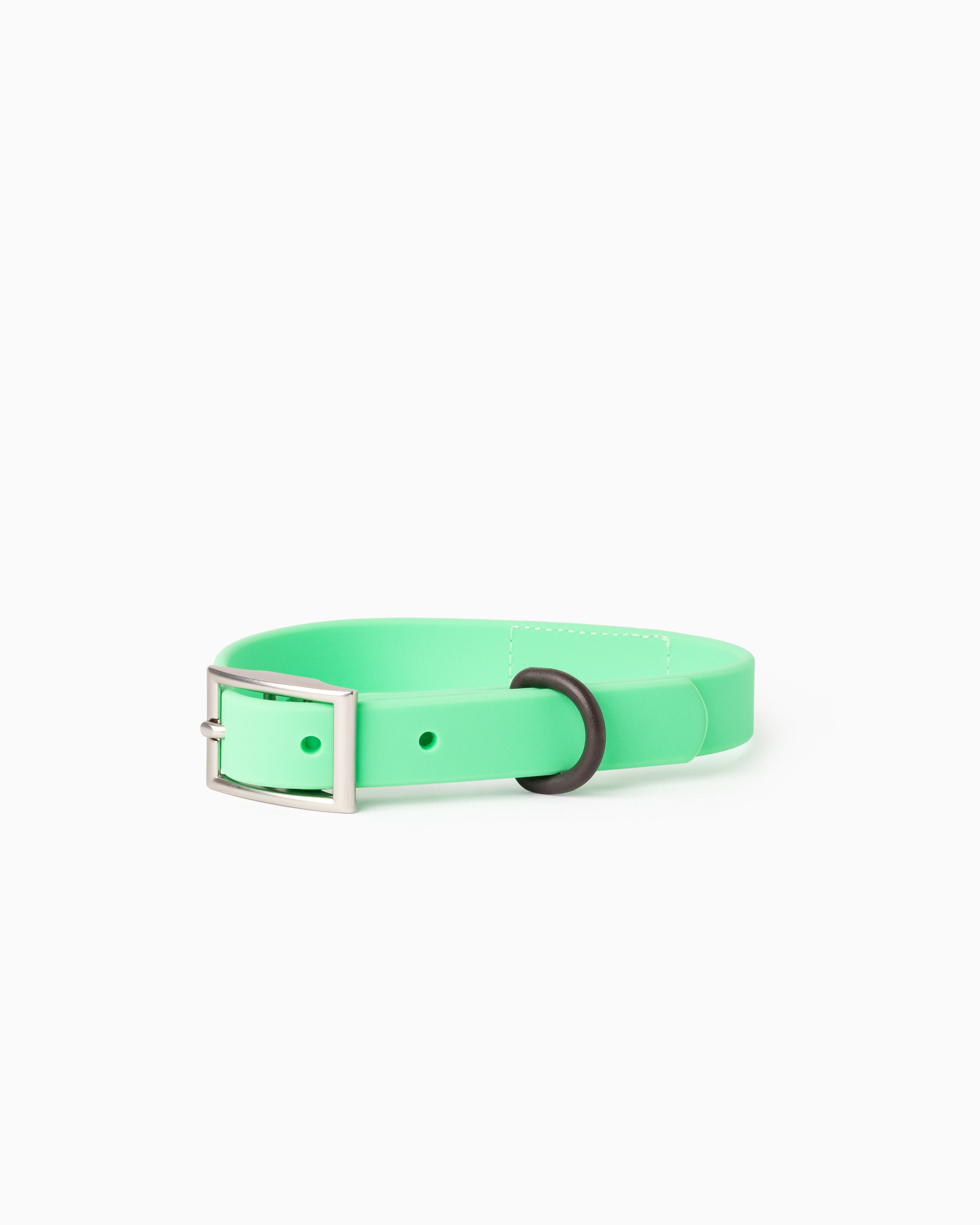 Spearmint green waterproof and odor resistant dog collar with a two tone color block design & zinc alloy buckle fastening.