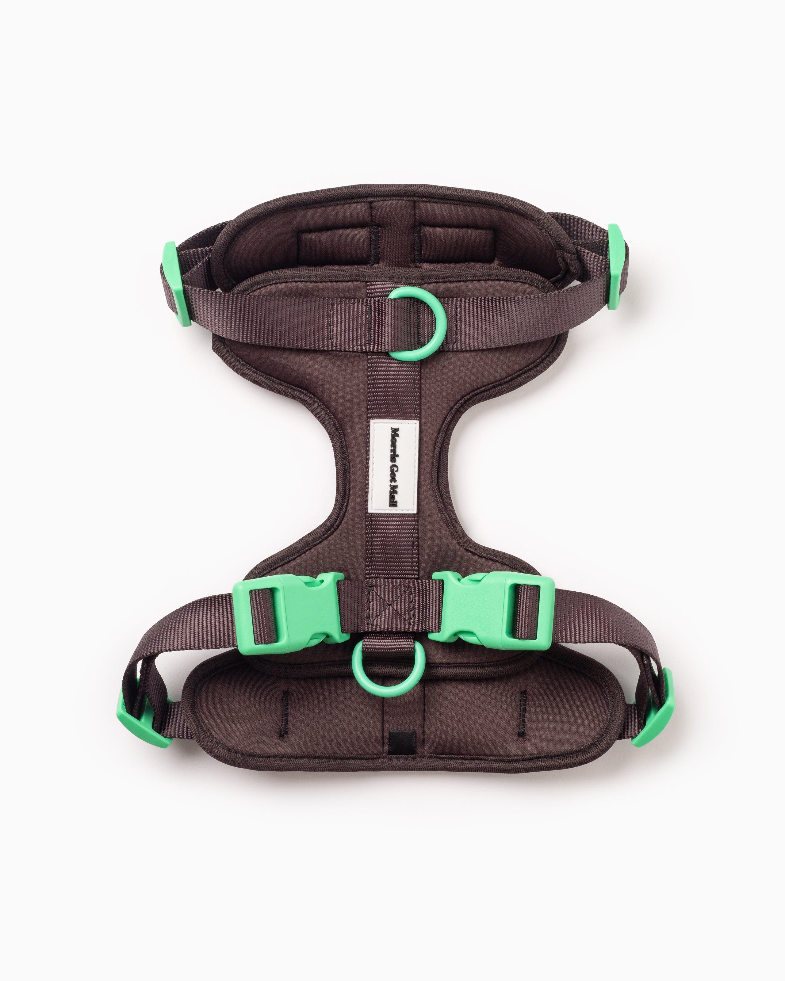 Dark brown lightweight two tone dog harness with three d-ring attachments & high quality buckles.
